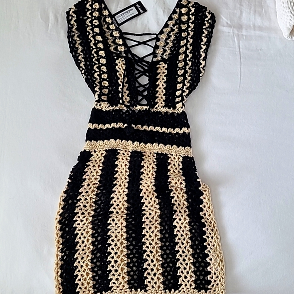 Crochet Striped Lace Up Mini Dress